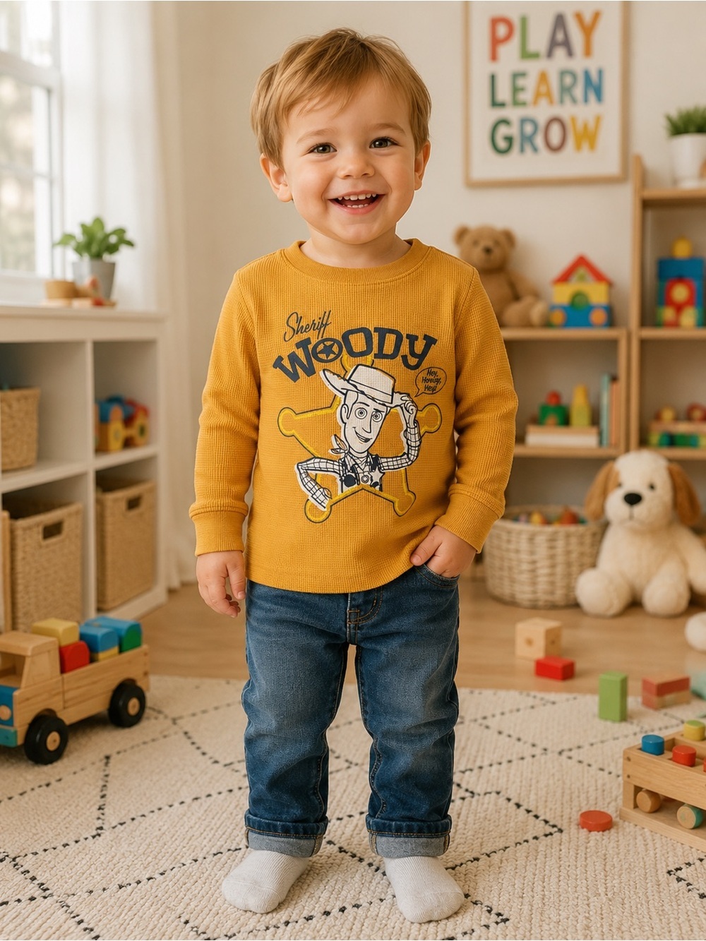 Disney Toy Story Woody Toddler 2T Mustard Waffle Knit Long Sleeve Shirt